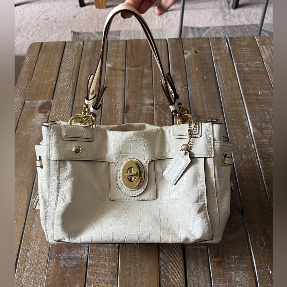 Coach Ivory Croc-Embossed Leather Shoulder Bag with Gold Hardware